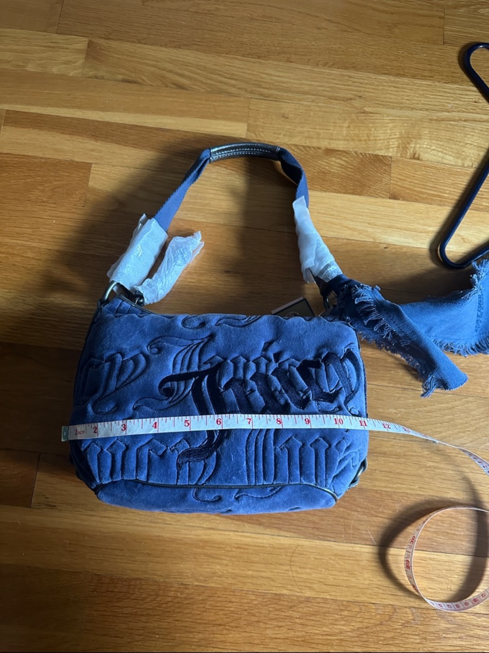 Juicy Couture Navy Embossed Velvet Shoulder Bag with Fringed Scarf - Picture 6 of 7